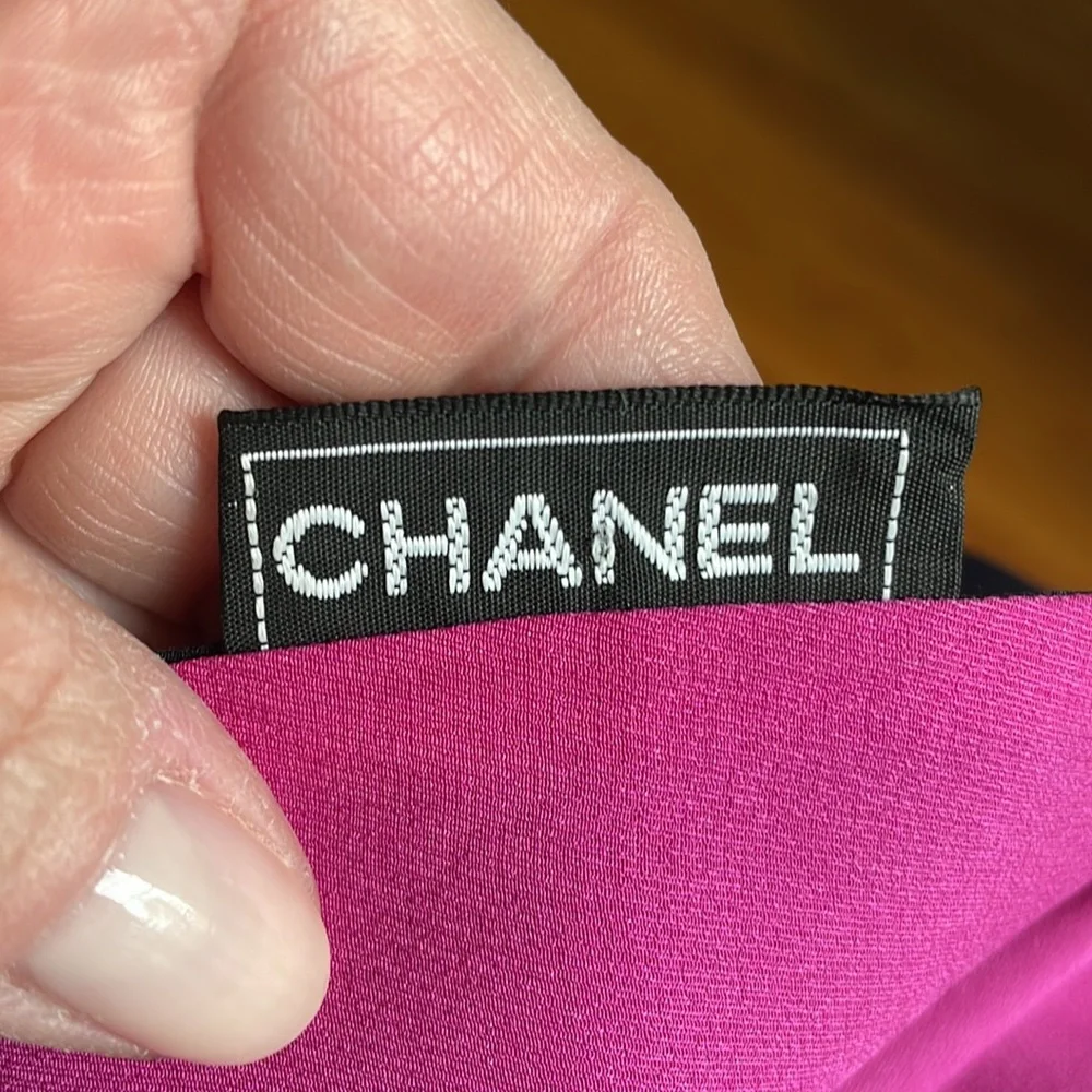 Vintage Double Sided Chanel Silk Scarf. Black reverses to magenta.